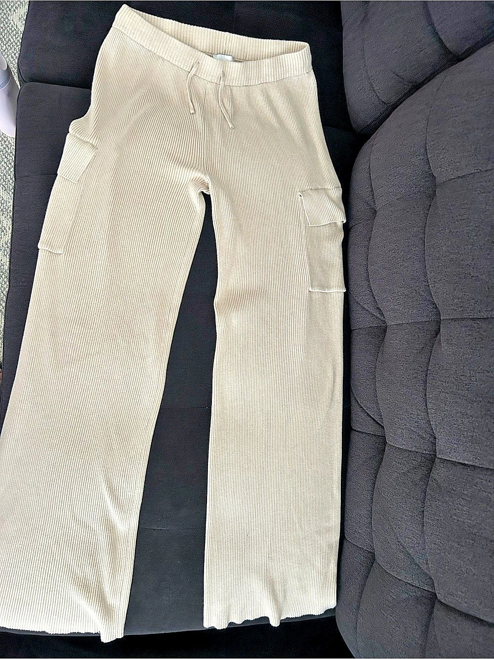 Pink Rose Ribbed Cargo Pants in Cream Size Medium
